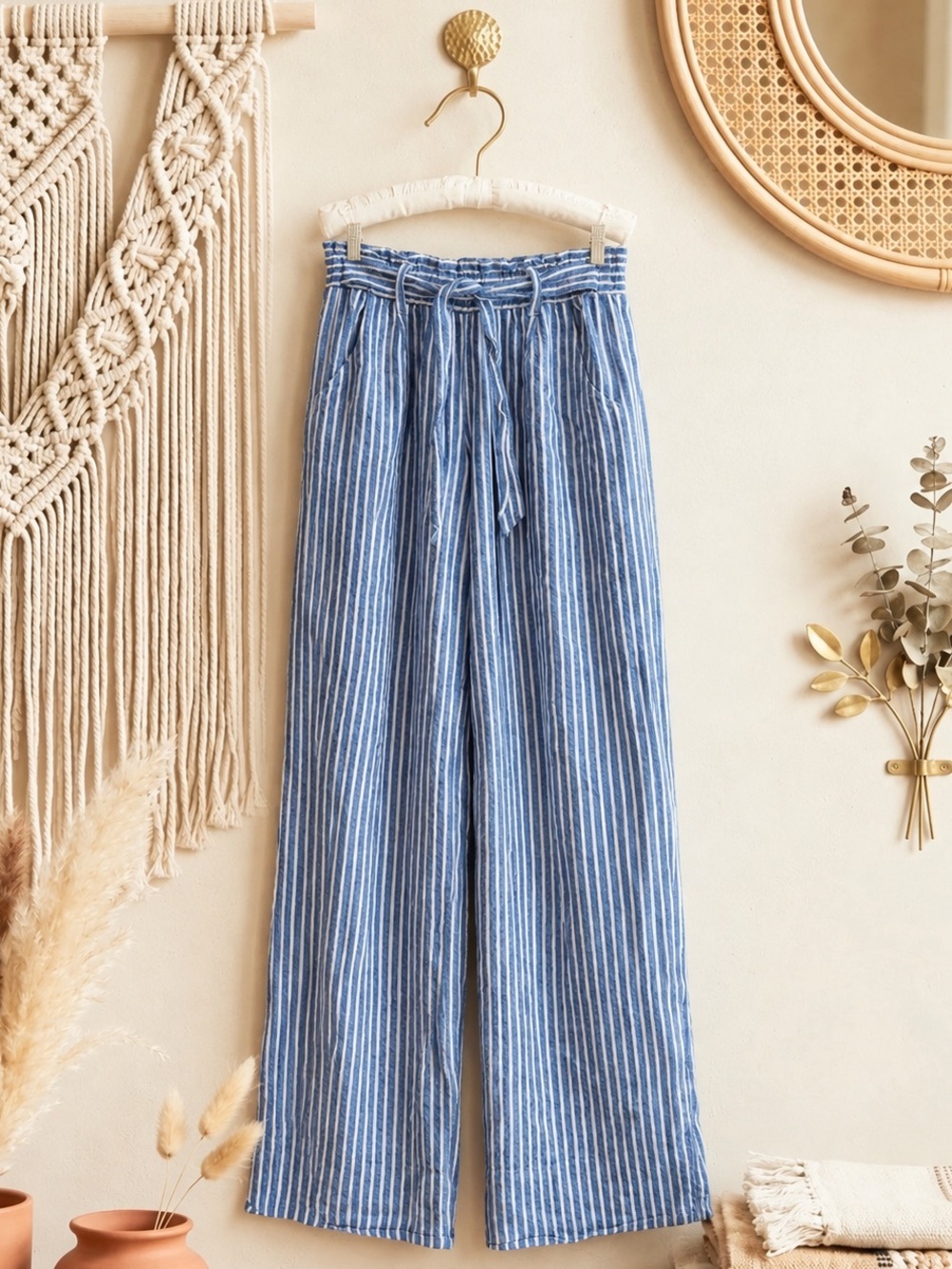 Jolt Linen Striped Blue and White High-Waist Wide-Leg Pants